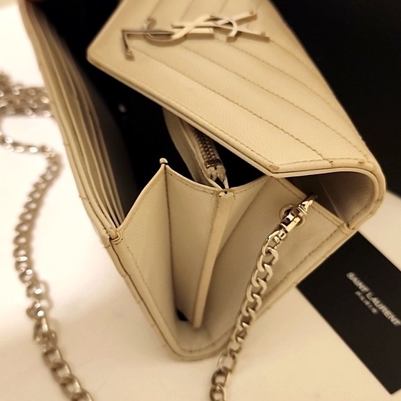 YSL Cloud Gray Caviar Flap Crossbody Large Purse Clutch WOC + Box - Picture 4 of 16